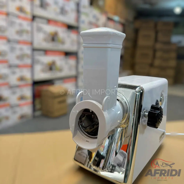 White and chrome electric meat grinder.