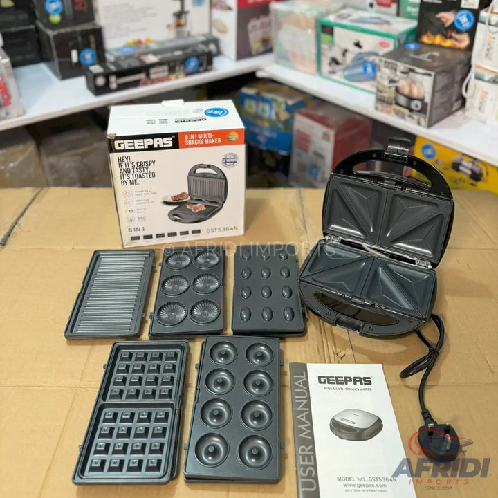 A multi-functional snack maker with interchangeable plates for making sandwiches, waffles, donuts, and other grilled items.