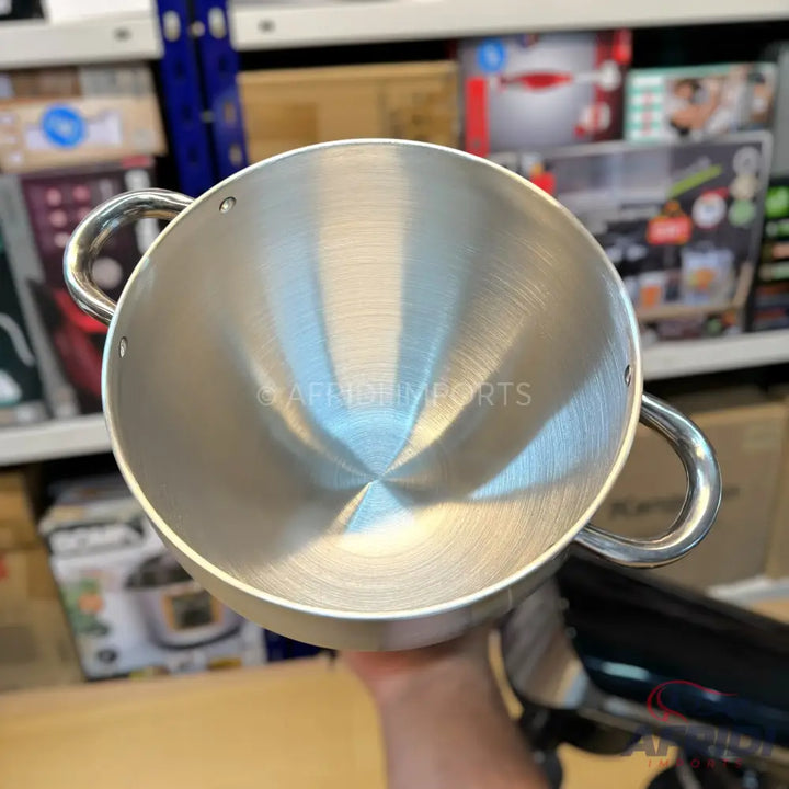 Stainless steel cooking pot with two handles.