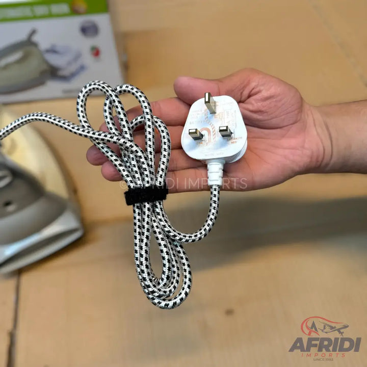 White 3-pin electrical plug with a braided black and white cord.