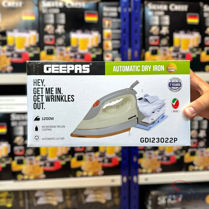 Geepas automatic dry iron with 1200W power, 60 microns teflon coating, and automatic cut-off.
