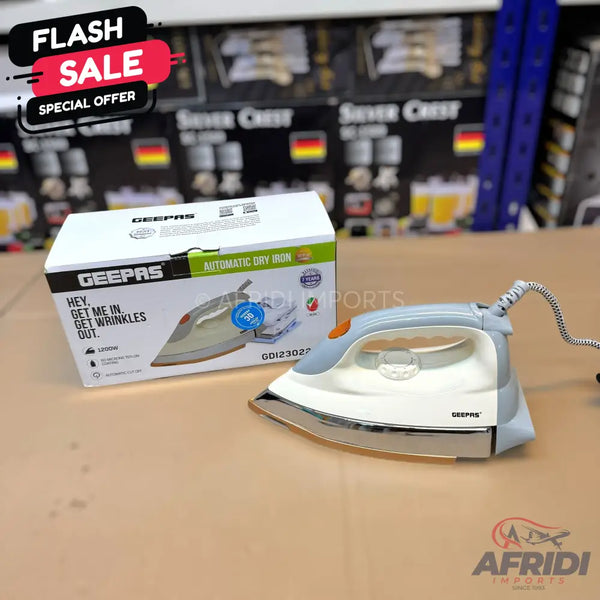 A white and gray automatic dry iron with a shiny soleplate.