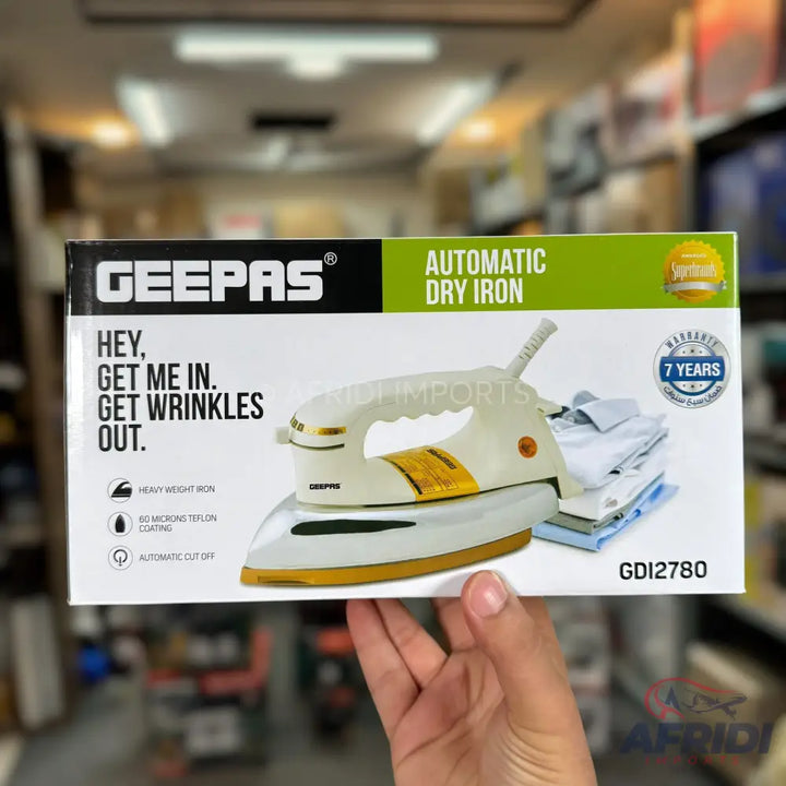 Geepas automatic dry iron with a heavy-weight, 60-micron Teflon coating and an automatic cut-off feature.
