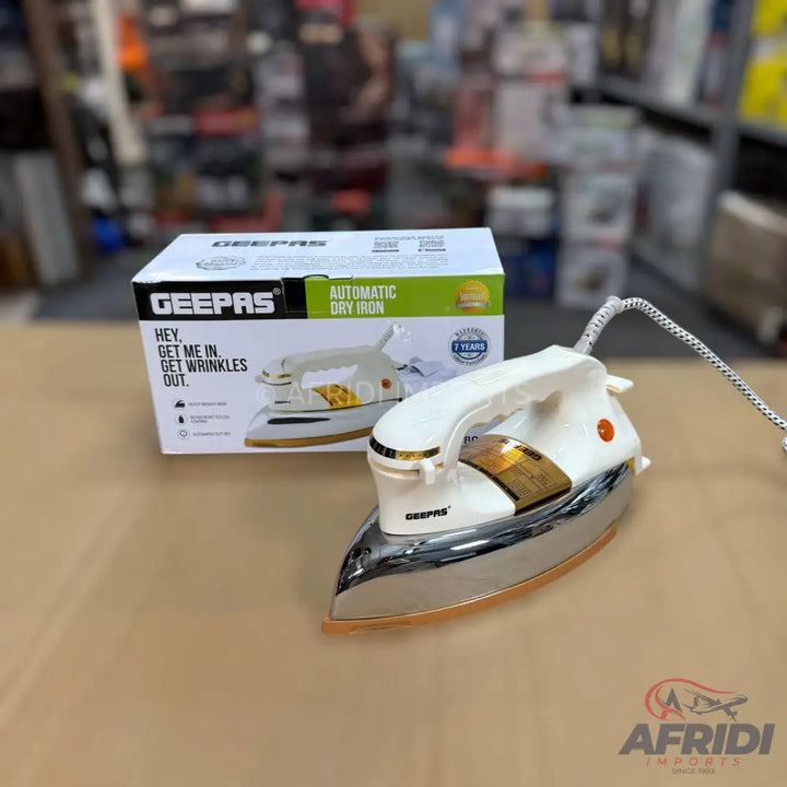 White and gold automatic dry iron with a silver soleplate.