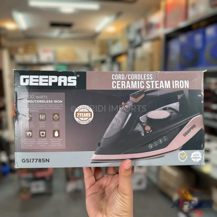 Geepas Cord/Cordless Ceramic Steam Iron, 2100 watts, with a 2-year warranty.