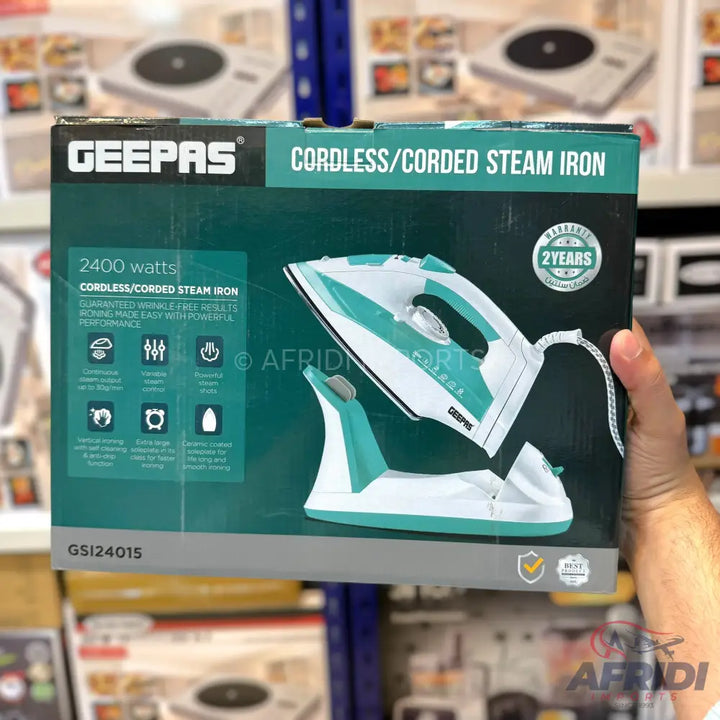 A Geepas 2400 watts cordless/corded steam iron with a 2-year warranty.