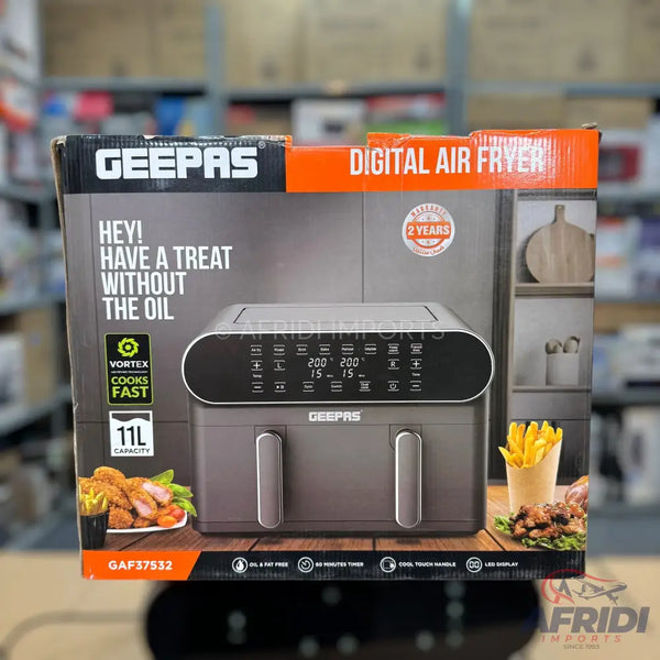 A Geepas 11-liter digital air fryer with dual baskets, featuring a vortex cooking system for fast results, an LED display, cool-touch handles, and a 60-minute timer.