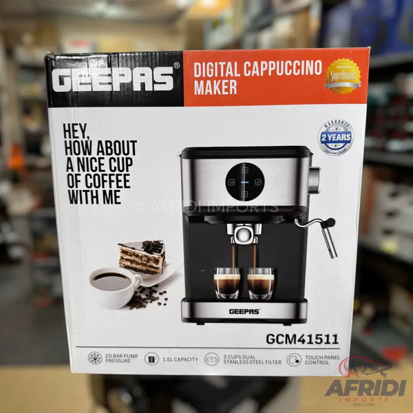 Geepas digital cappuccino maker with a 2-year warranty, 20-bar pump pressure, 1.5L capacity, dual stainless steel filter, and touch panel control.