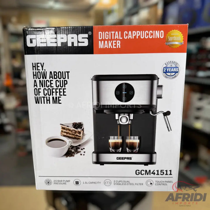Geepas digital cappuccino maker with a 2-year warranty, 20-bar pump pressure, 1.5L capacity, dual stainless steel filter, and touch panel control.