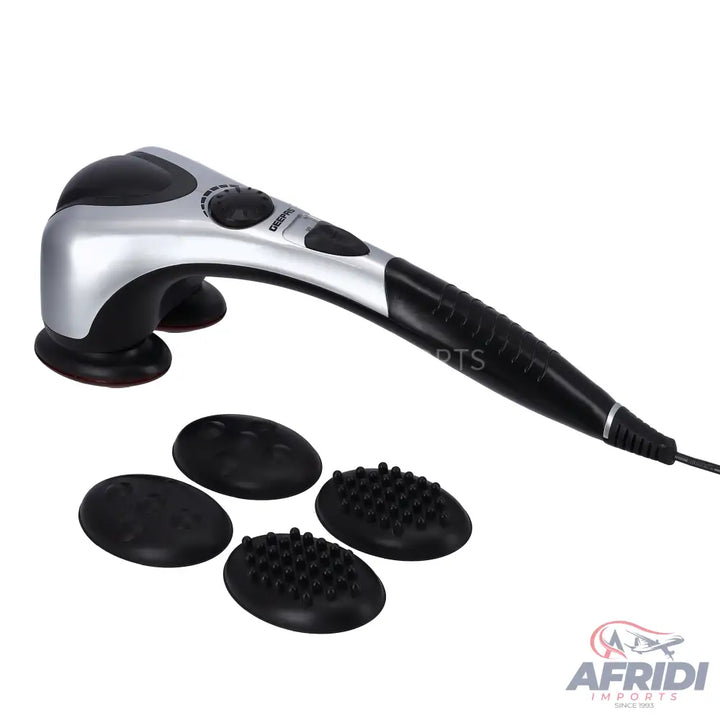 Silver and black handheld electric massager with interchangeable heads.