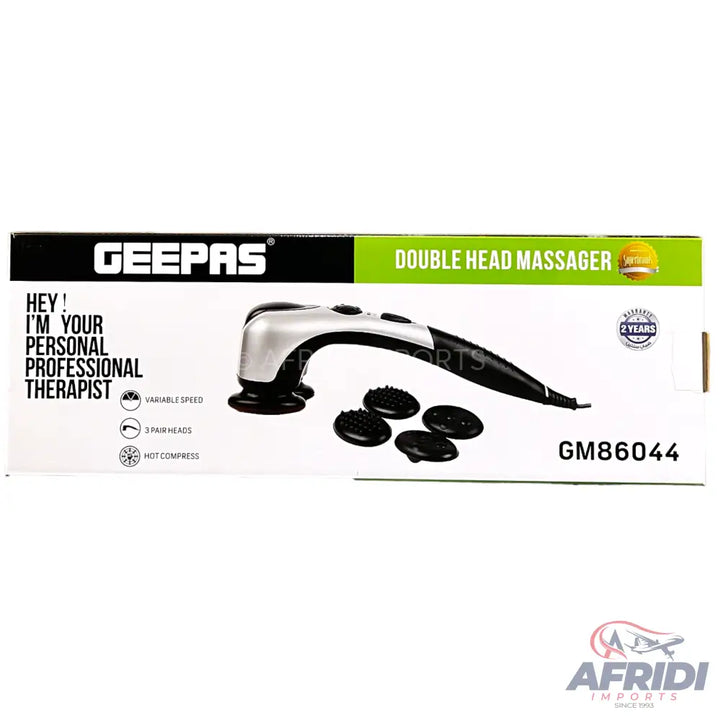 Packaged dual-head electric massager with interchangeable heads.