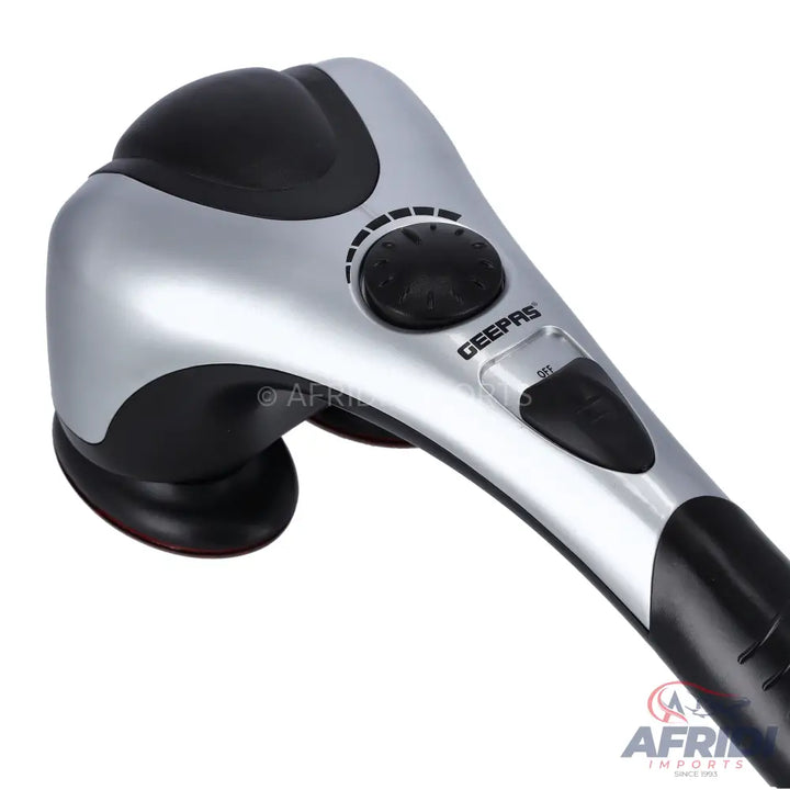 A silver and black handheld electric massager with a long handle and two massage heads.