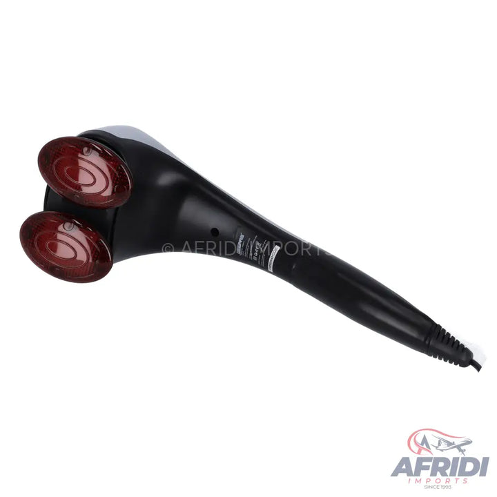 Black handheld electric massager with two red infrared heads.