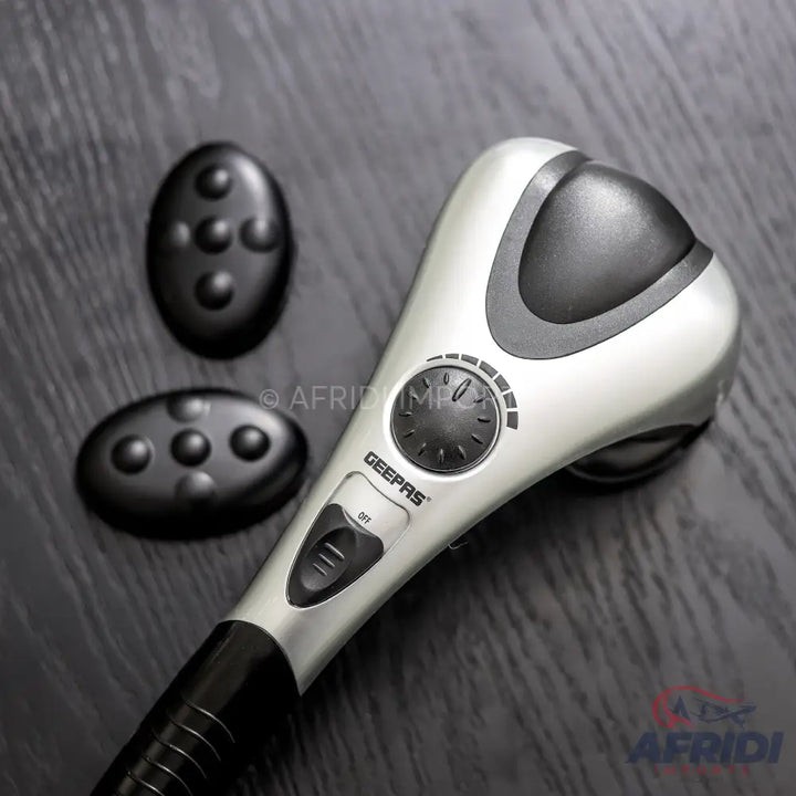 Silver and black handheld electric massager with interchangeable nodes.