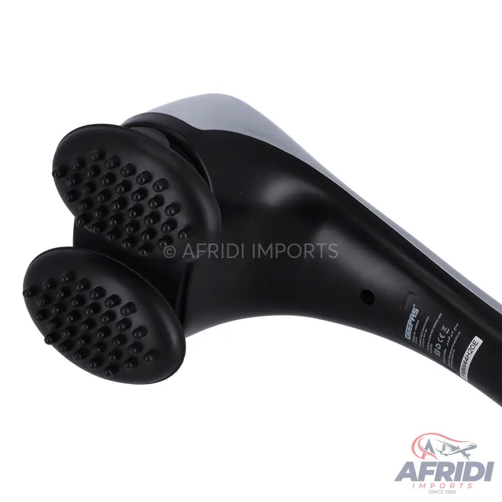 Black handheld electric massager with two textured rotating heads.