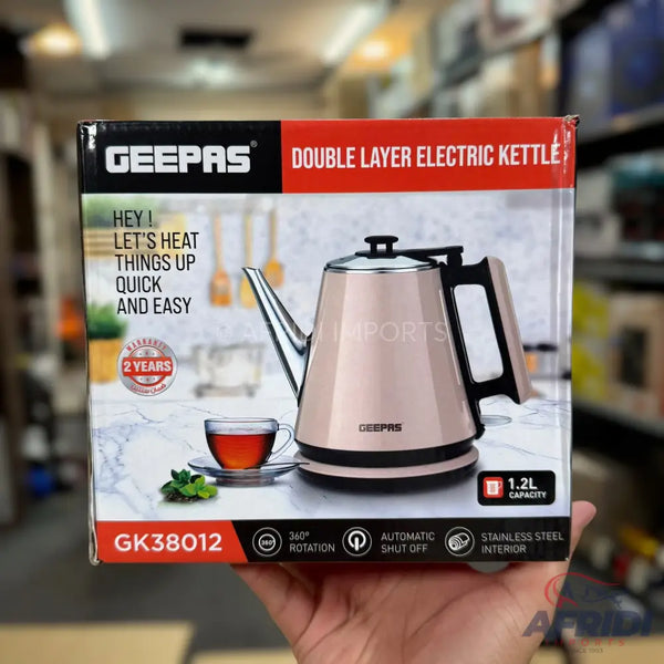 Geepas double-layer electric kettle with a 1.2L capacity, 360-degree rotation, automatic shut-off, and a stainless steel interior.