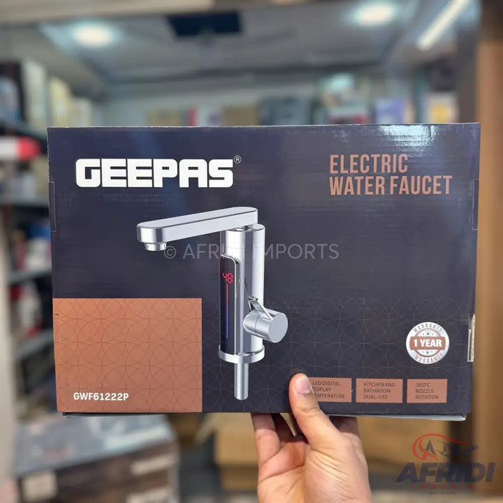 Geepas Electric Water Faucet with a digital display and a 1-year warranty.