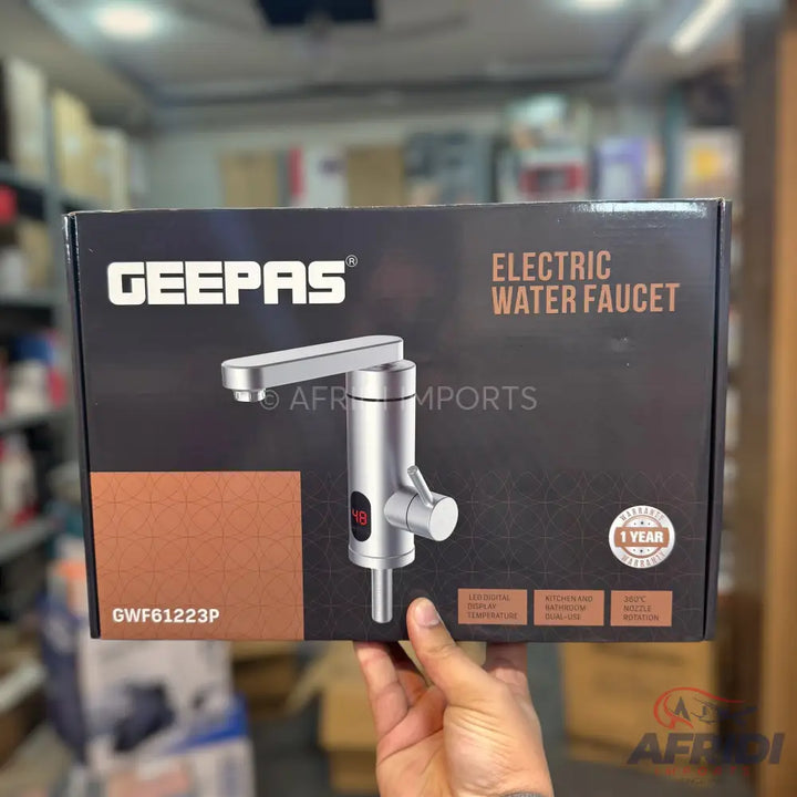 Geepas electric water faucet with a digital temperature display.
