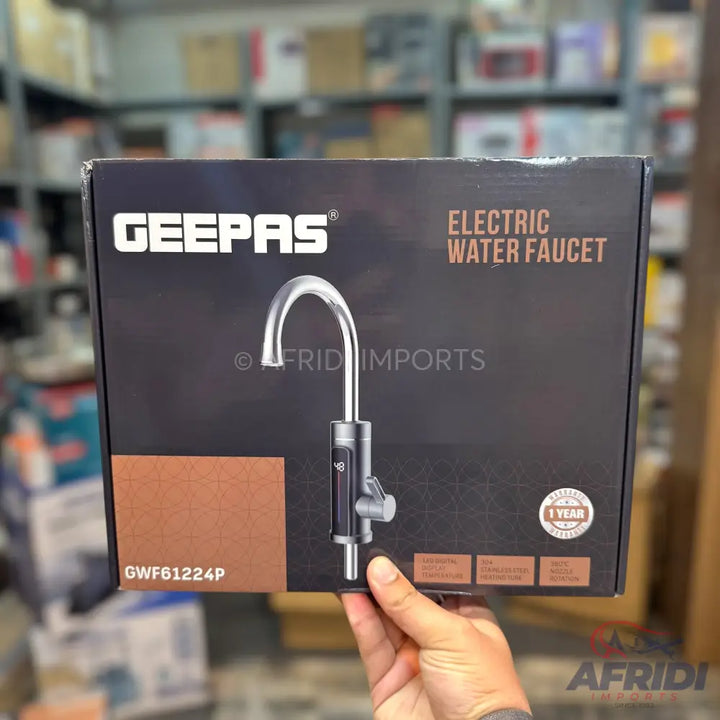 Geepas electric water faucet in its packaging.