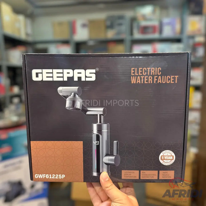 A Geepas electric water faucet with a digital temperature display, offering instant heating, overheating protection, and a 1-year warranty.