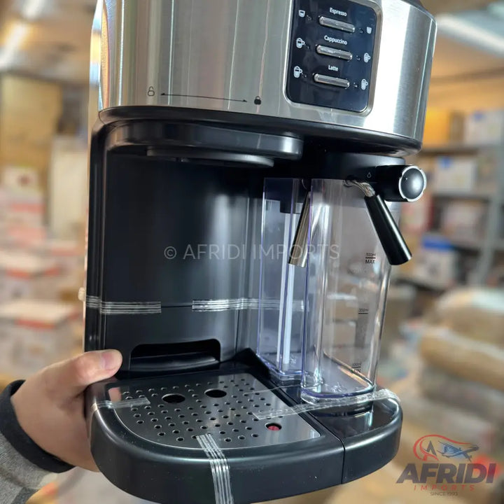 A stainless steel and black automatic espresso machine with milk frother and multiple beverage options.