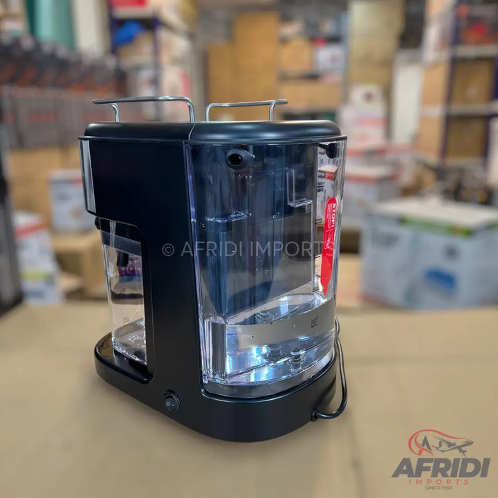 Black and clear plastic coffee machine with two water reservoirs.