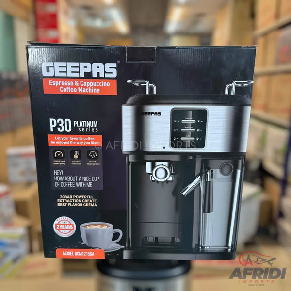 Black and silver espresso and cappuccino coffee machine with a milk frother.