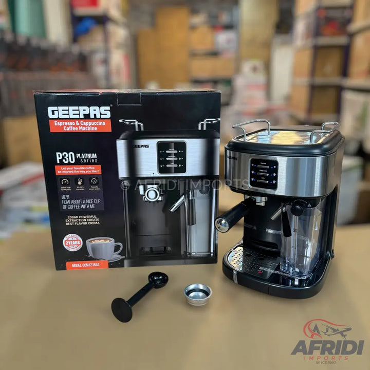 A Geepas P30 Platinum Series espresso and cappuccino coffee machine with its packaging and accessories.