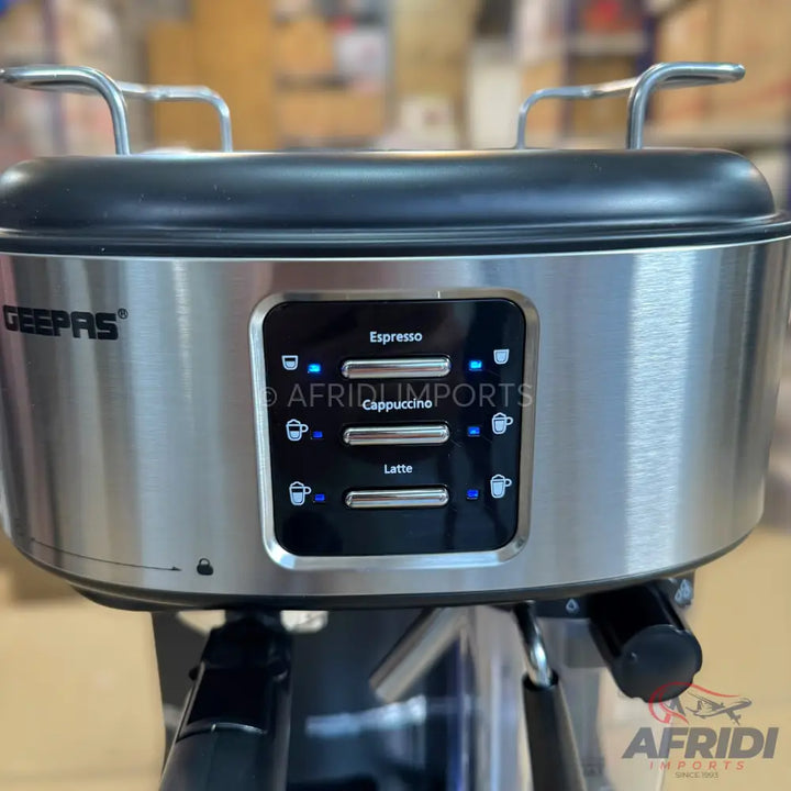 Stainless steel espresso, cappuccino, and latte coffee maker.