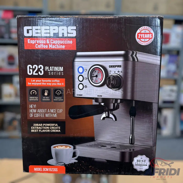 A Geepas G23 Platinum Series Espresso & Cappuccino Coffee Machine with 20-bar powerful extraction, 2 years warranty, and a stainless steel finish.