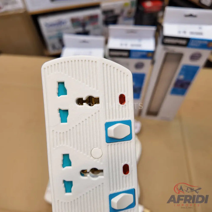 White universal power strip with multiple outlets, individual switches, and indicator lights.