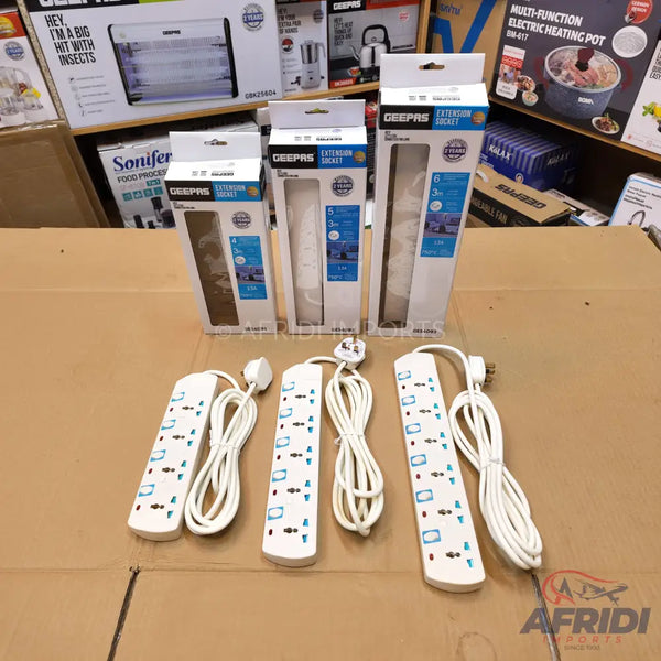 White Geepas power extension sockets with multiple outlets.
