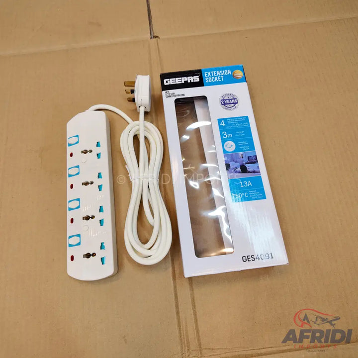 A white extension socket with four outlets and a three-meter cord.