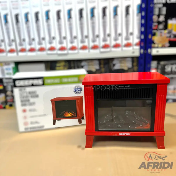 Red electric fireplace with a faux flame display.