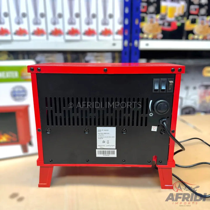Red electric fireplace heater with a black back panel, control knobs, and a power cord.