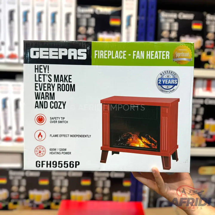 A Geepas fireplace fan heater with 600W/1200W heating power and a 2-year warranty.