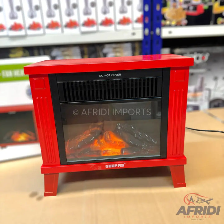 Red electric fireplace with a realistic flame effect.