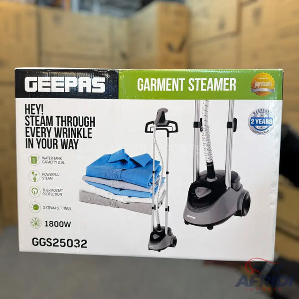 A Geepas garment steamer with 2.0L water tank capacity, powerful steam, thermostat protection, 3 steam settings, and 1800W power.