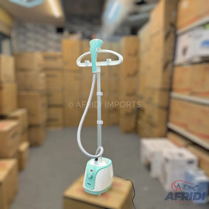 White and turquoise garment steamer with a flexible hose and adjustable pole.