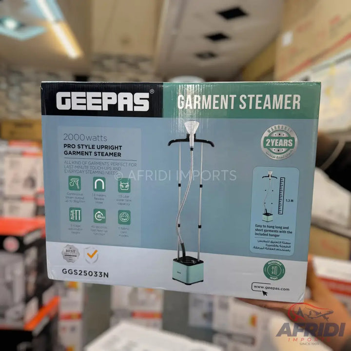 Geepas 2000-watt Pro Style Upright Garment Steamer with a 2-year warranty.