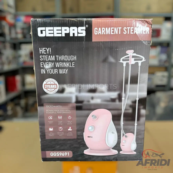 Pink garment steamer in a box.