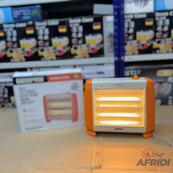 Orange and white electric halogen heater with three glowing heating elements.