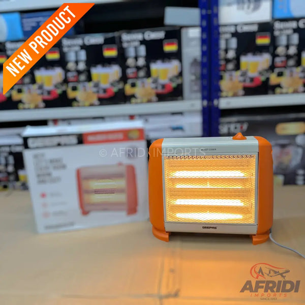 Orange and white electric halogen heater with three glowing heating elements.