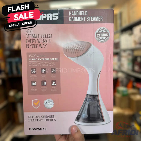 Boxed handheld garment steamer with ’Flash Sale’ and ’Special Offer’ labels.