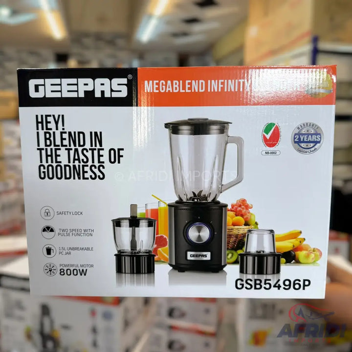 A black Geepas Megablend Infinity blender with a 1.5-liter unbreakable PC jar, 800W motor, two speeds with pulse function, safety lock, and an additional grinder attachment.