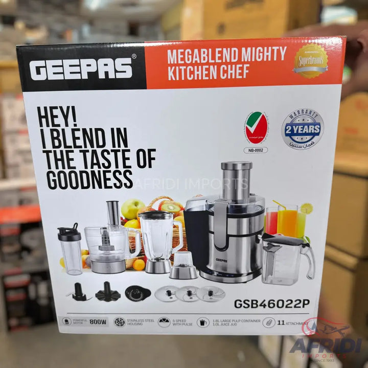 Geepas Megablend Mighty Kitchen Chef food processor with a juicer, blender, and various attachments.
