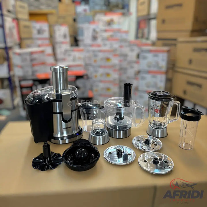 A multi-functional food processor and juicer with various attachments.