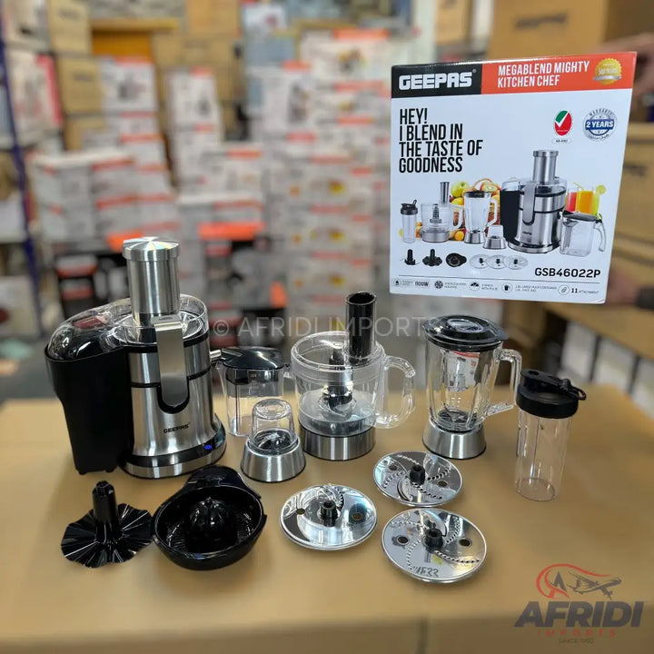 A multi-functional kitchen appliance system including a juicer, blender, food processor, and various blades and attachments.