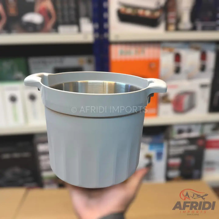 Light grey plastic pot with a stainless steel interior and two small handles.