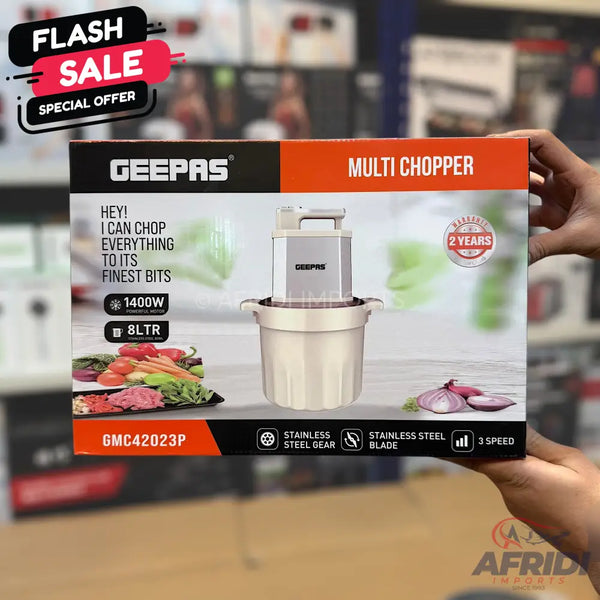 Geepas multi-chopper with a 1400W motor, 8-liter capacity, stainless steel gear and blade, and 3-speed settings, offering a 2-year warranty.